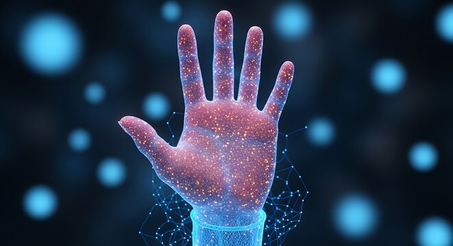 Digital human hand connecting to futuristic ai network technology