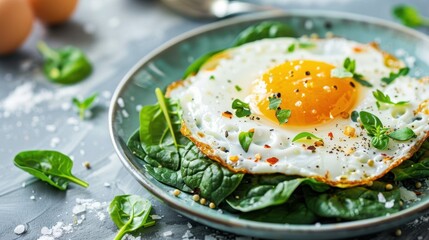 A plate of fresh spinach topped with a sunny-side-up egg, garnished with herbs and spices. Raw eggs are visible in the background.