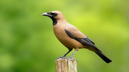 Brown crow perched on wooden fence post, green blurred background, calm and natural scene