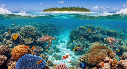 Underwater Paradise Island, Coral Reef, Sea Turtles, and Tropical Fish, Ocean, Marine life, Nature