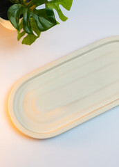 Oval ceramic white plate background with green leaves plat for mockup