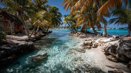 A tropical coastal landscape, highlighting nature's beauty, tranquility, and scenic detail.