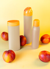 Package for shampoo, spray, deodorant setup with peaches background, mockup
