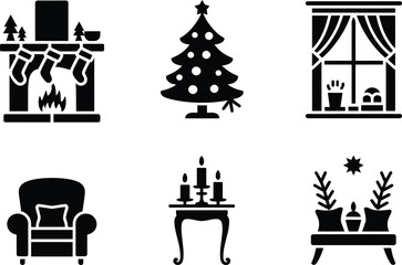 Holiday home decor silhouette icons set. fireplace, christmas tree, window, candles, indoor festive illustration