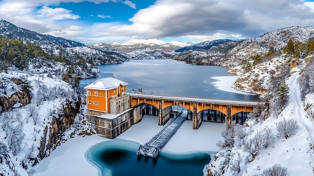 Winter landscape with scenic dam and snow-covered mountains lake area aerial view nature beauty