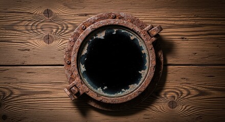Rustic Porthole on Weathered Wood Background, Ship window, Round window, Porthole window