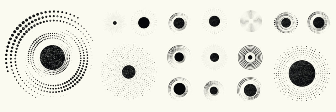 Abstract circular halftones element set, geometric dotted ring and spiral circle shapes for modern design, technology, or motion graphic backgrounds. Dotted round elements, radial spirals, and vortex.