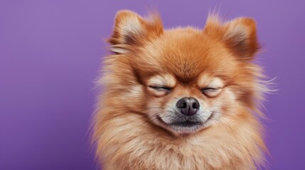 A close-up of a small, fluffy, orange Pomeranian dog with a relaxed expression against a purple background. The dog's eyes are partially closed, showcasing its calm demeanor.