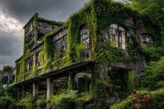 An overgrown building, emphasizing nature's reclamation, mystery, and serene atmosphere.