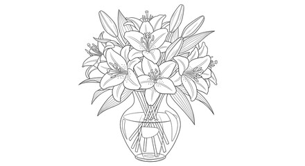 Intricate Line Art Illustration of a Graceful Lily Bouquet in a Glass Vase, Capturing the Beauty of Nature in a Detailed Botanical Drawing