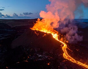 Aerial view of a volcanic eruption, flowing lava at dusk