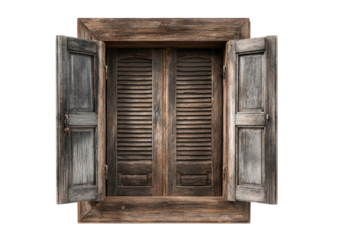 Weathered wood window with open shutters, black backdrop