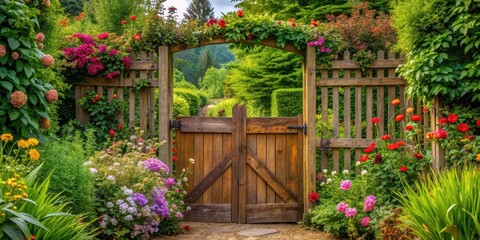 Sturdy wooden gate leading to a serene herb garden filled with lush greenery and vibrant flowers