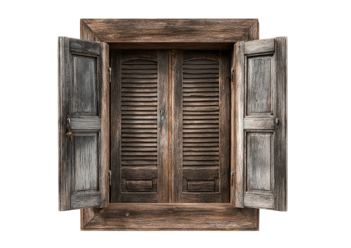 Weathered wood window with open shutters, black backdrop