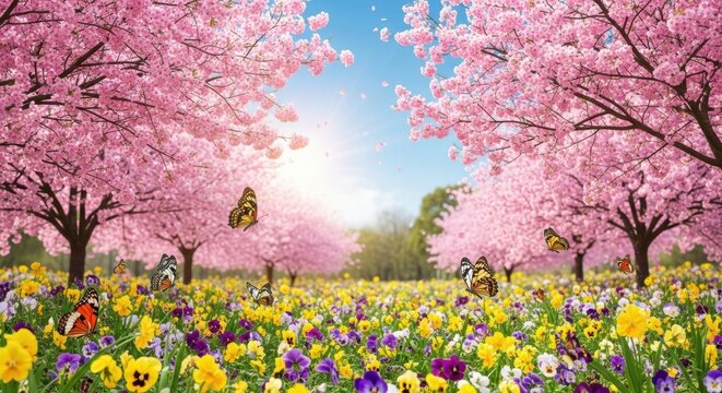 Enchanted Spring Meadow with Cherry Blossoms and Butterflies, Pink flowers, Nature, Garden