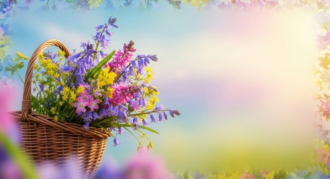 Spring Basket of Wildflowers with Soft Pastel Background, Wicker basket, Bouquet, Nature