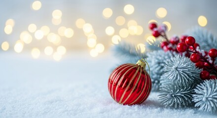 Obraz premium Festive Christmas Ornament on Snow with Bokeh Lights