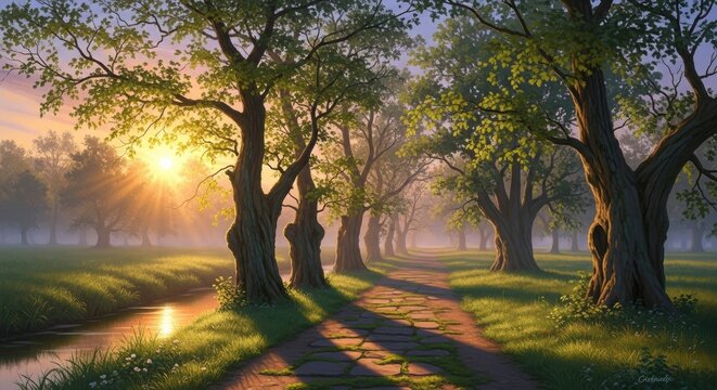 Serene Pathway Through Ancient Trees at Sunrise, Dawn, Stone path, Park