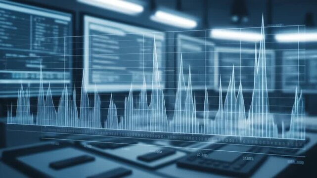 Data spikes on screen with gridlines over blurry controllers in a dim-lit room