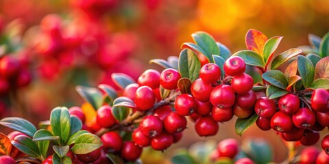 Gaultheria procumbens covered in red berries against autumnal background