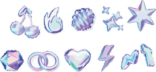 Iridescent Balloon Icons Set | Cherries, Flame, Swirl, Stars, Diamond, Rings, Heart, Lightning Bolt Vector Illustration for Party Decorations, Celebrations, and Graphic Design