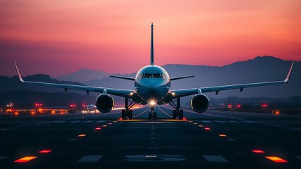 Commercial airplane on a runway at dusk with mountain backdrop and colorful sky aircraft airport