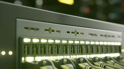 A network switch displays multiple Ethernet cables securely plugged in, indicating connectivity within a busy server room at a technology facility. - Powered by Adobe