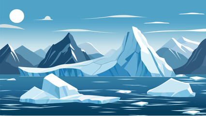 Antarctic Landscape Vector Illustration with Ice Mountains, Glaciers and Icebergs in Polar Winter Scene