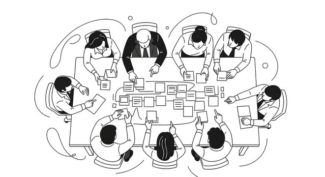 Business Meeting Brainstorming Session Team Collaboration with Sticky Notes Line Art.