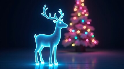 Glowing Blue Reindeer with Christmas Tree and Ornaments on Dark Festive Background
