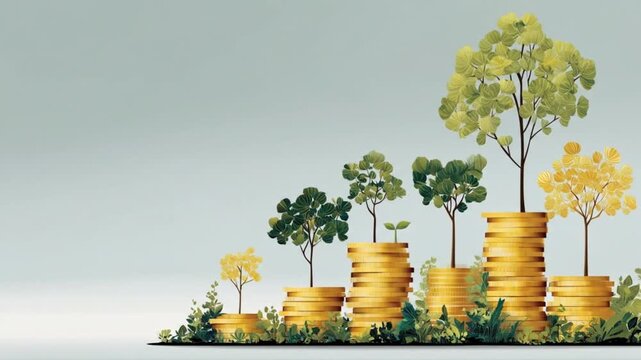 Stacks of coins topped with thriving saplings rise above grasses under a gradient sky, with hillside - Powered by Adobe