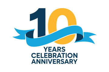 Ten years celebration anniversary graphic with a blue ribbon.