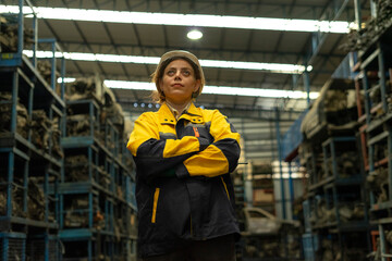 Hispanic female foreman worker holding walkie talkie, checking inventory of auto parts and engine maintenance duties in factory.