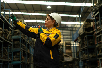 Hispanic female foreman worker holding walkie talkie, checking inventory of auto parts and engine maintenance duties in factory.