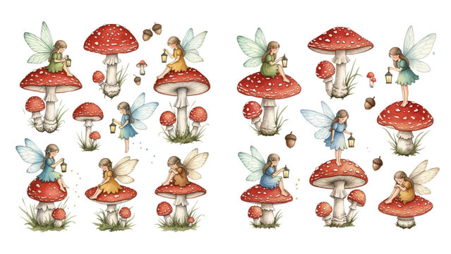 Whimsical watercolor illustrations of cute forest fairies with lanterns sitting and flying around red toadstool mushrooms.