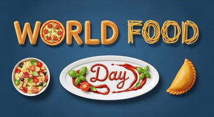 World food day illustration with various dishes and food related text