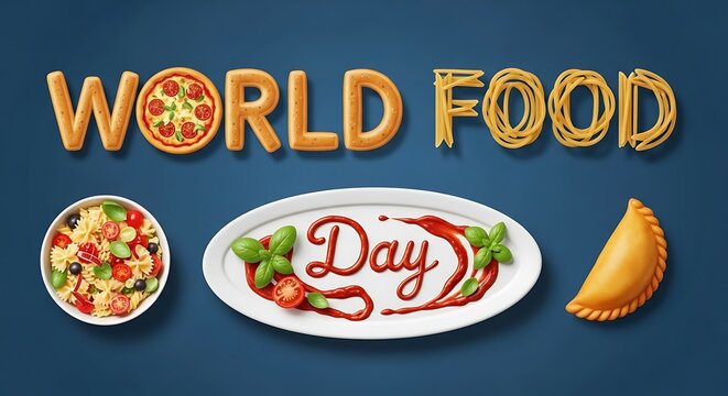 World food day illustration with various dishes and food related text