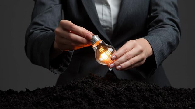 Cultivating mindset growing idea bulb over soil glowing hand plant cultivating mindset entrepreneur planting glowing bulb soil