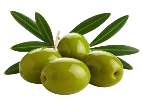 Shiny green olives with leafy sprigs on black
