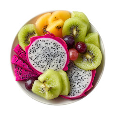Colorful fruit bowl with sliced dragon fruit, kiwi, grapes, and melon, fresh tropical healthy breakfast with vitamins, vegetarian snack plate