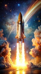 Obraz premium A fiery rocket blasting off into space with flames engulfing its fuel tanks and nozzle