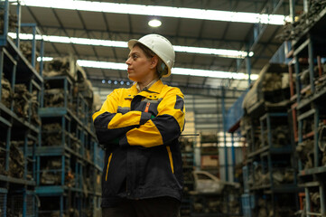 Hispanic female foreman worker holding walkie talkie, checking inventory of auto parts and engine maintenance duties in factory.