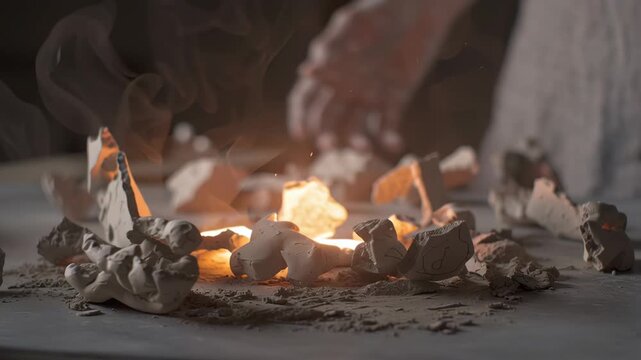 Cultivating mindset clay fragments glowing with warm light as hands shape broken pottery and mold glowing pottery brain sculpture