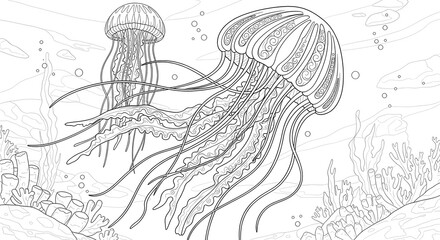 A detailed black and white line art illustration of two jellyfish swimming in the ocean, designed as a printable coloring page for adults