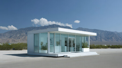 automated production line generates modular homes with transparent walls emphasizing modern design