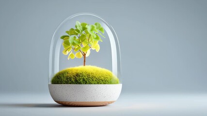 Cultivating mindset small miniature terrarium with young tree and green sapling moss glass dome evoking calm growth and mindful