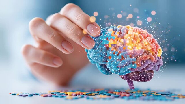 Cultivating mindset puzzle brain concept showing hand placing piece into colorful neural model sparking creativity and learning