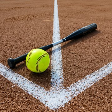 a high-gloss yellow softball balanced perfectly on the handle of a black aluminum bat, which lies diagonally across the corner of a chalk-lined baseball diamond