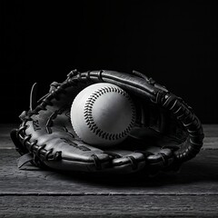  a weathered softball glove holding a clean, new softball, sitting on a rustic wooden surface with strong side lighting