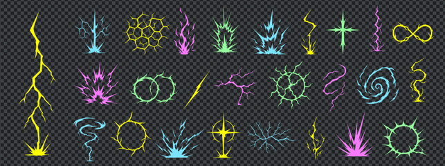 Manga thunder effect set with comic bolt lightning vector art. Manga thunder pack contains colored spiral, crack grid, circles and vertical strike. Digital icons for game, vfx or anime.